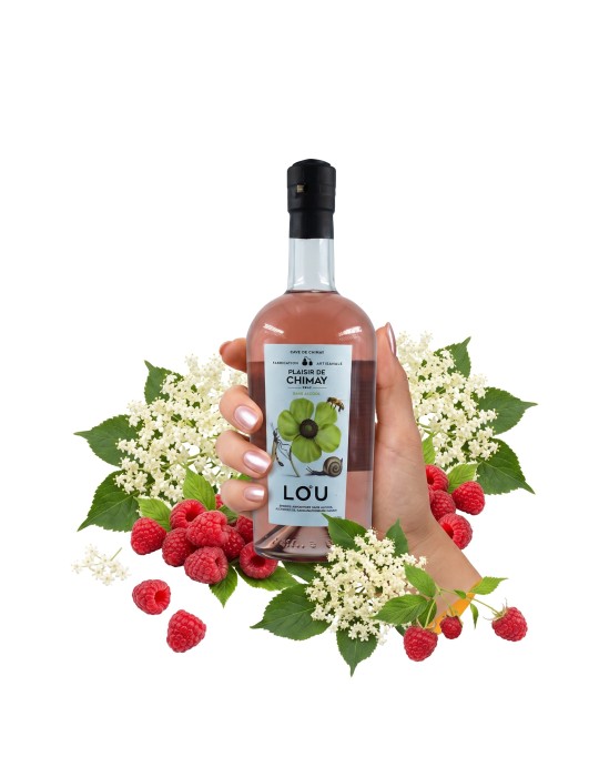 Une bouteille de plaisir de Chimay, Gin sans alcool tenue en main, agrémentée de fleurs de sureau et de framboise.